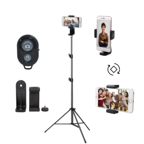 ECHIPAMENTE FOTO - Trepied reglabil pana la 200 cm pentru telefon, suport rotativ cu prindere retractabila cu arc, telecomanda bluetooth, aluminiu si ABS