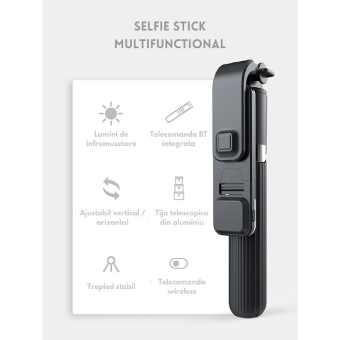 Trepied selfie stick 3in1, rotire 360 grade, lumina LED, telecomanda bluetooth inclusa - Negru [1]
