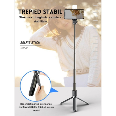 Trepied selfie stick 3in1, rotire 360 grade, lumina LED, telecomanda bluetooth inclusa - Negru [3]