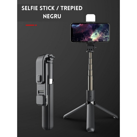 Trepied selfie stick 3in1, rotire 360 grade, lumina LED, telecomanda bluetooth inclusa - Negru [5]
