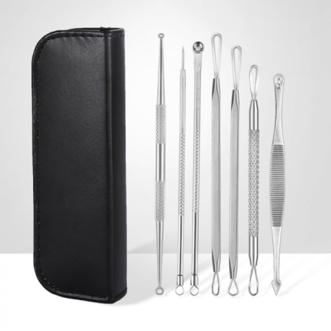 Trusa 7 instrumente din inox pentru cosmetica, extractia comedoanelor, punctelor negre si acneei, cu pouch de depozitare negru [3]