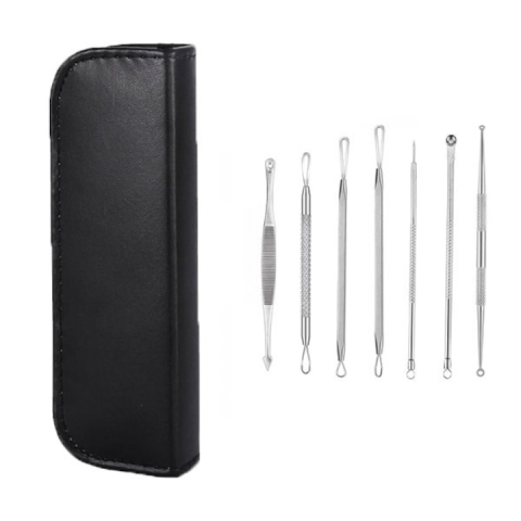 COSMETICE - Trusa 7 instrumente din inox pentru cosmetica, extractia comedoanelor, punctelor negre si acneei, cu pouch de depozitare negru