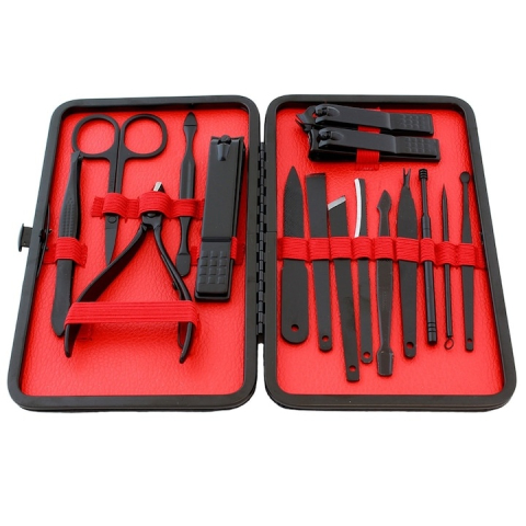 Trusa completa de unghii, 16 piese – manichiura si pedichiura profesionala, cu instrumente din otel inoxidabil si carcasa eleganta negru-rosu