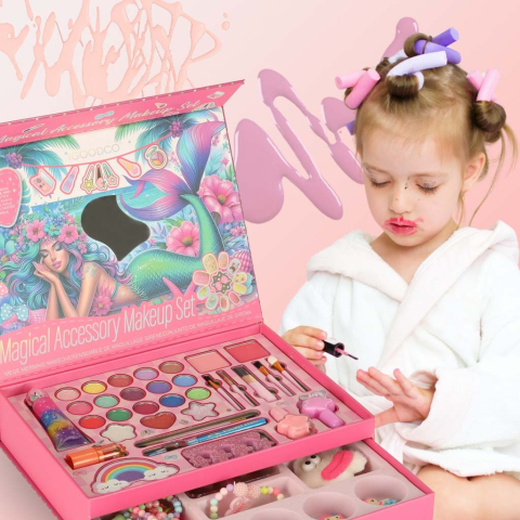 Trusa de machiaj, manichiura, bijuterii, pentru copii, model sirena, 26.2 x 19.4 x 5.5 cm, roz [2]