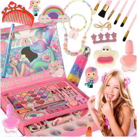 Jucării de rol - Trusa de machiaj, manichiura, bijuterii, pentru copii, model sirena, 26.2 x 19.4 x 5.5 cm, roz