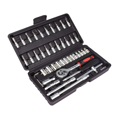 Trusa de scule cu 46 piese, surubelnita, clichet, chei tubulare, biti, torx, imbus, prelungitor, maner ergonomic, cutie compacta, neagra [1]