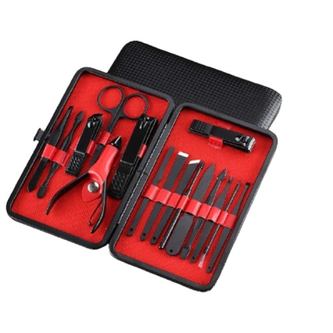 Trusa de unghii cu 15 piese pentru manichiura si pedichiura, ustensile pentru ten, penseta, indepartare puncte negre si geanta de transport, design negru-rosu [1]