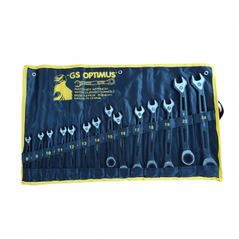 Truse cu scule - Set de chei inelare profesionale combinate cu clichet 8-24 mm, 14 piese, crom vanadiu, husa transport inclusa