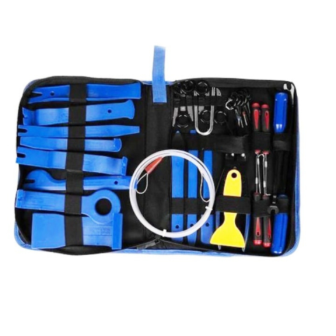 Trusa pentru demontarea tapiteriei, 40 piese, ustensile din plastic intarit, clesti, extractoare, carlige, sistem deschidere usa, husa depozitare inclusa, negru-albastru