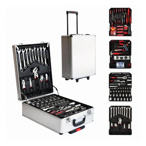 Trusa profesionala de scule, 187 piese, organizare eficienta in troller din aluminiu cu roti si maner telescopic, negru-rosu [2]
