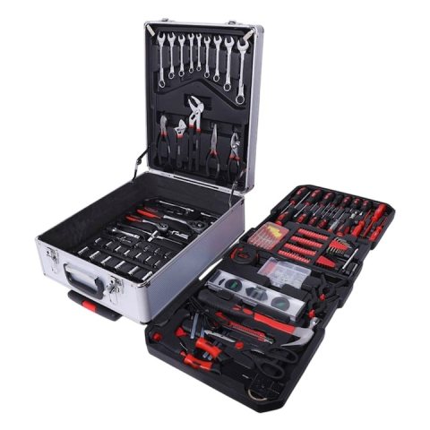 Trusa profesionala de scule, 187 piese, organizare eficienta in troller din aluminiu cu roti si maner telescopic, negru-rosu [1]