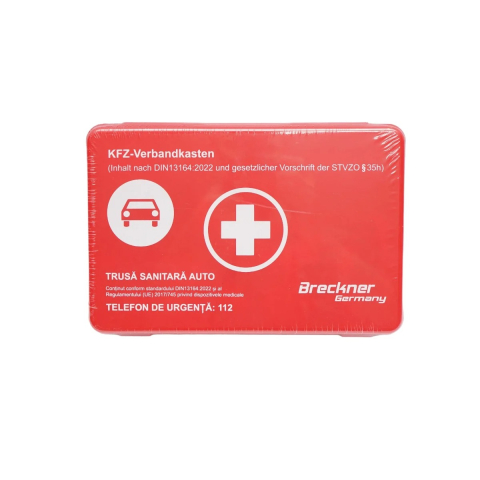 ARTICOLE AUTO - Trusa sanitara auto completa prim ajutor, conform DIN 13164:2022, valabilitate produse sterile 20.02.2031, echipare obligatorie auto si interventii urgente