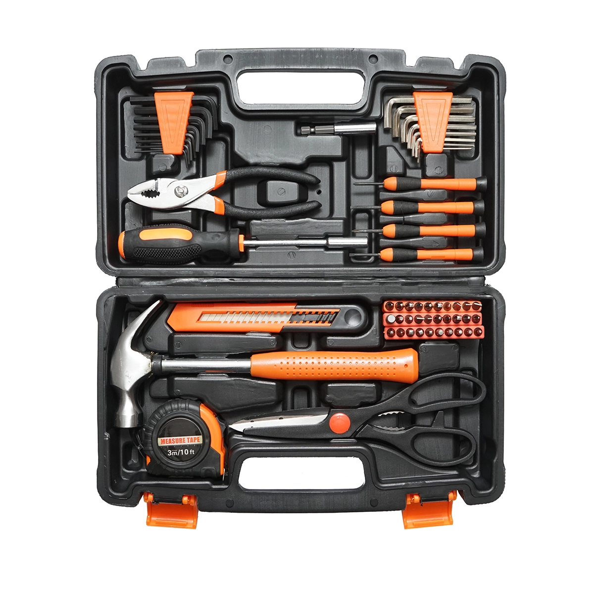 Trusa scule 57 piese negru-portocaliu, set unelte manuale cu ciocan, cleste, surubelnite, biti, chei imbus, ruleta 3 m, cutter si foarfeca, cutie transport [3]