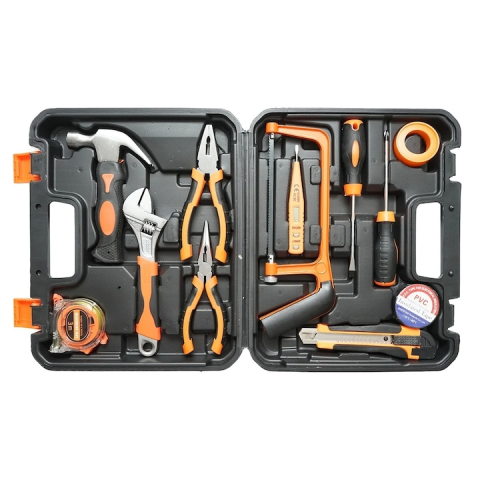 Trusa scule si unelte combinate 12 piese, set complet bricolaj cu cleste, ciocan, surubelnite si ruleta, cutie transport inclusa [1]