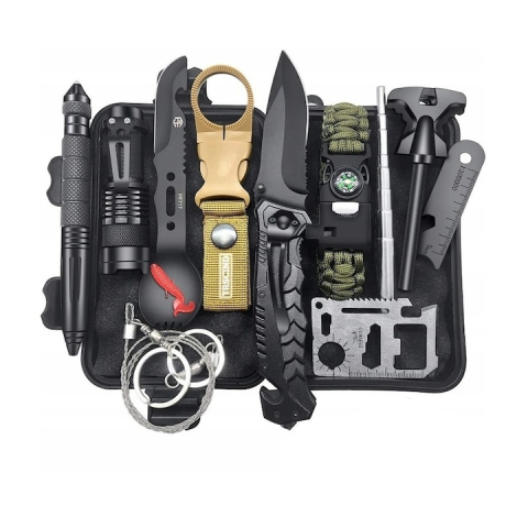Trusa tactica de supravietuire 14 in 1, carcasa rezistenta la apa si socuri, set complet pentru calatorii, camping, vanatoare, pescuit si drumetii [8]