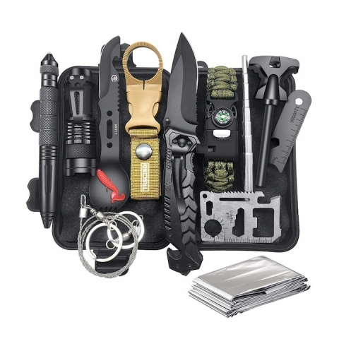 Supravietuire - Trusa tactica de supravietuire 14 in 1, carcasa rezistenta la apa si socuri, set complet pentru calatorii, camping, vanatoare, pescuit si drumetii