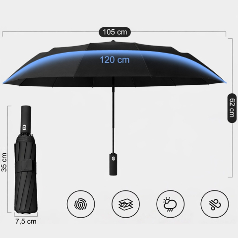 Umbrela automata neagra 105 cm, pliabila, rezistenta la vant, 12 spite, protectie UV 50+, pentru femei si barbati, cu husa [6]