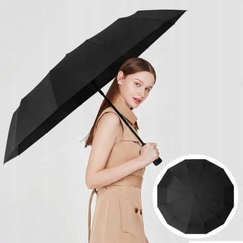 Umbrela automata neagra 105 cm, pliabila, rezistenta la vant, 12 spite, protectie UV 50+, pentru femei si barbati, cu husa [2]