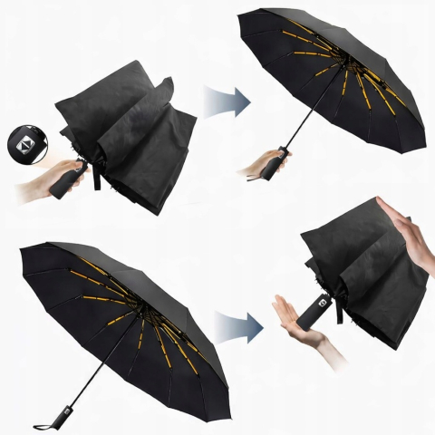 Umbrela automata neagra 105 cm, pliabila, rezistenta la vant, 12 spite, protectie UV 50+, pentru femei si barbati, cu husa [7]