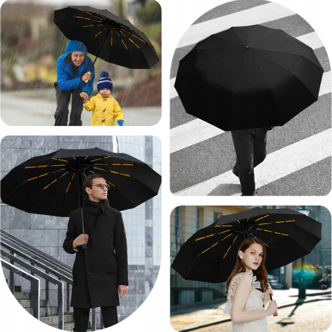 Umbrela automata neagra 105 cm, pliabila, rezistenta la vant, 12 spite, protectie UV 50+, pentru femei si barbati, cu husa [11]