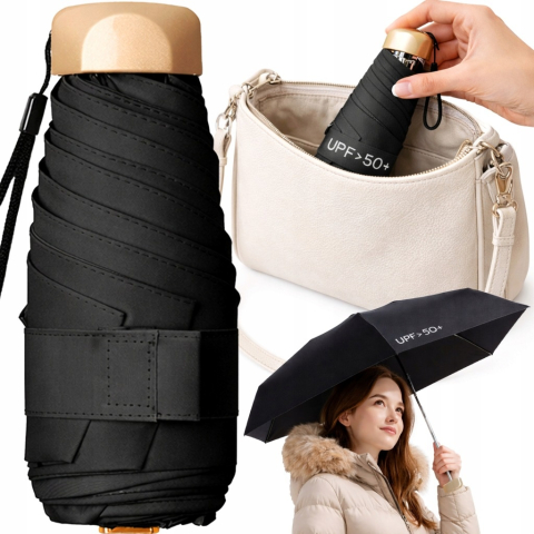 Umbrela mini pliabila manuala 18 cm, compacta de buzunar, protectie UV UPF50+, negru, usoara si portabila [5]