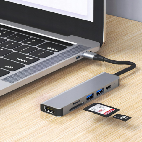 Usb Hub 6 in 1, 1 HDMI, 1 USB 2.0, 1 USB 3.0, 1 USB C, Cititor de card SD/TF, conexiune usb c [2]