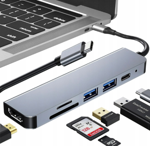 Usb Hub 6 in 1, 1 HDMI, 1 USB 2.0, 1 USB 3.0, 1 USB C, Cititor de card SD/TF, conexiune usb c [1]