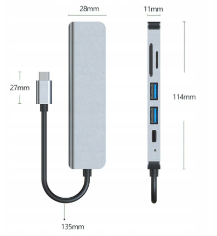 Usb Hub 6 in 1, 1 HDMI, 1 USB 2.0, 1 USB 3.0, 1 USB C, Cititor de card SD/TF, conexiune usb c [3]