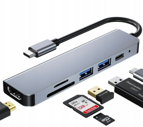 ELECTRONICE - Usb Hub 6 in 1, 1 HDMI, 1 USB 2.0, 1 USB 3.0, 1 USB C, Cititor de card SD/TF, conexiune usb c