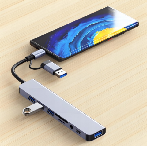 USB hub, 8 in 1, cititor card, USB 2.0, USB 3.0, 3.5 Jack, USB C, adaptor USB C - USB A, aluminiu [1]