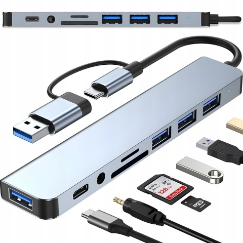 Gadgeturi - USB hub, 8 in 1, cititor card, USB 2.0, USB 3.0, 3.5 Jack, USB C, adaptor USB C - USB A, aluminiu