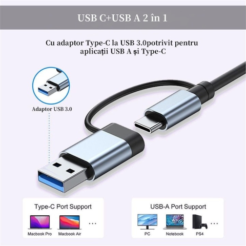 USB hub, 8 in 1, cititor card, USB 2.0, USB 3.0, 3.5 Jack, USB C, adaptor USB C - USB A, aluminiu [3]
