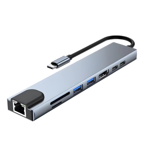 ELECTRONICE - USB HUB 8 in 1, conexiune USB C, adaptor retea Gigabit, cititor carduri SD/TF, multiple porturi USB