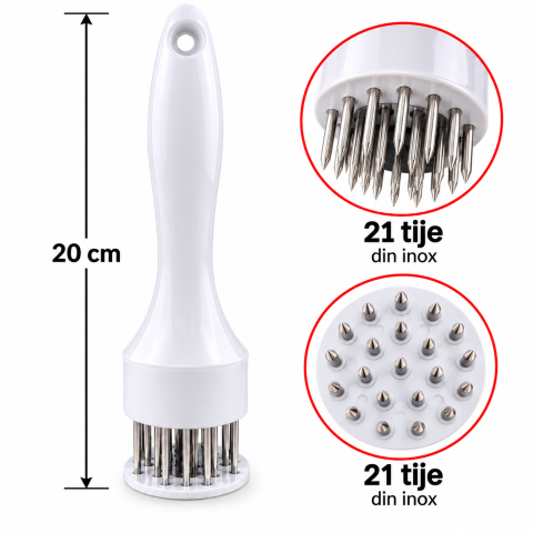 Ustensila alba pentru fragezit carne 20 cm, 21 tije din inox, fragezitor manual [3]