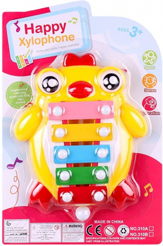 Jucării educative - Xilofon cu 5 note muzicale pentru copii, jucarie interactiva cu animalut, betisor inclus, 17x14 cm - Multicolor