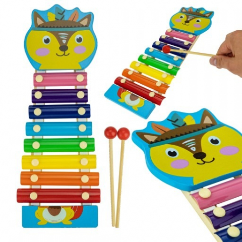 JOCURI ȘI JUCĂRII - Xilofon din lemn pentru copii cu diverse animale, 8 note muzicale, 2 betisoare, 32 cm lungime - Multicolor