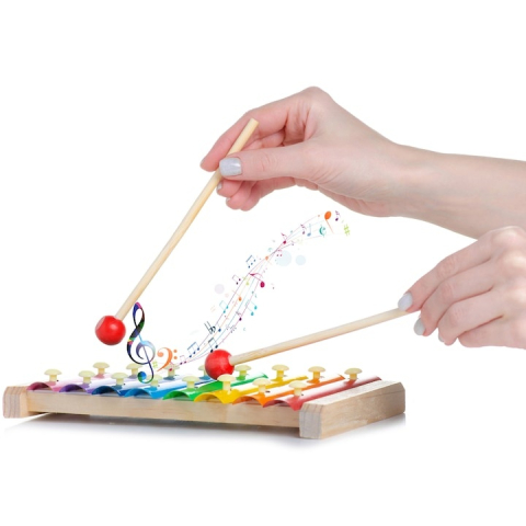 Xilofon pentru copii, 8 tonuri, carcasa din lemn, bete incluse, jucarie educativa pentru ritm si muzicalitate, culori curcubeu, 24 x 12.5 cm [7]