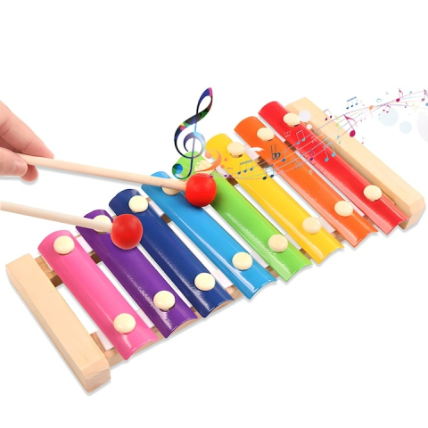 Xilofon pentru copii, 8 tonuri, carcasa din lemn, bete incluse, jucarie educativa pentru ritm si muzicalitate, culori curcubeu, 24 x 12.5 cm [6]