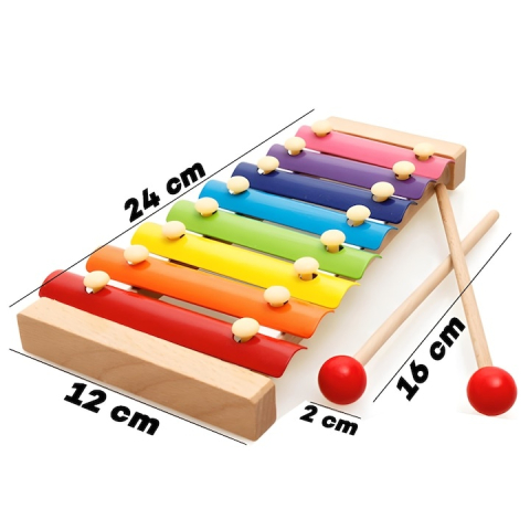 Xilofon pentru copii, 8 tonuri, carcasa din lemn, bete incluse, jucarie educativa pentru ritm si muzicalitate, culori curcubeu, 24 x 12.5 cm [12]