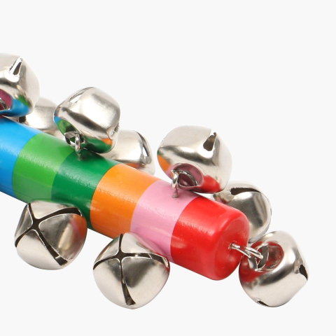 Zornaitoare muzicala din lemn cu 10 zurgalai metalici, multicolor, instrument ritmic pentru copii, 19.5 cm [3]