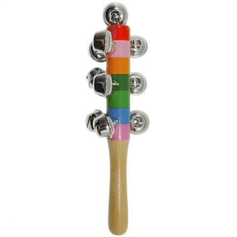 Zornaitoare muzicala din lemn cu 10 zurgalai metalici, multicolor, instrument ritmic pentru copii, 19.5 cm [6]