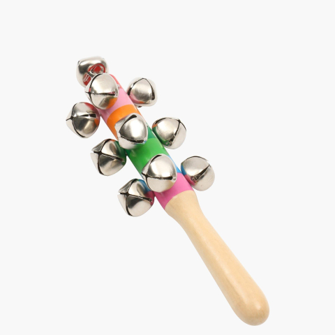 Jucarii muzicale - Zornaitoare muzicala din lemn cu 10 zurgalai metalici, multicolor, instrument ritmic pentru copii, 19.5 cm