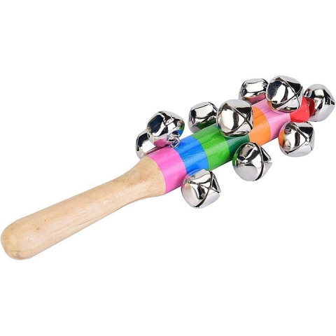 Zornaitoare muzicala din lemn cu 10 zurgalai metalici, multicolor, instrument ritmic pentru copii, 19.5 cm [5]