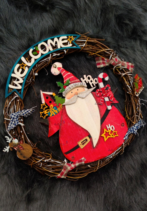 Decoratiune Craciun coronita lemn Mos Craciun 25cm [2]