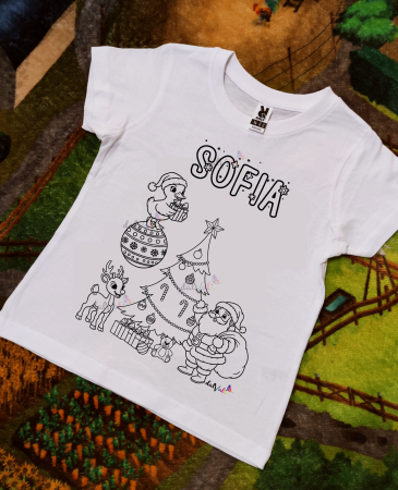 Tricou educativ de colorat Mos Craciun - Boboc langa Brad