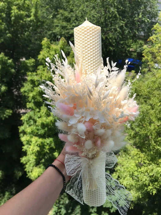Pachet lumanari fagure pentru nunta, buchet flori mireasa, bratara si cocarda ginere [7]
