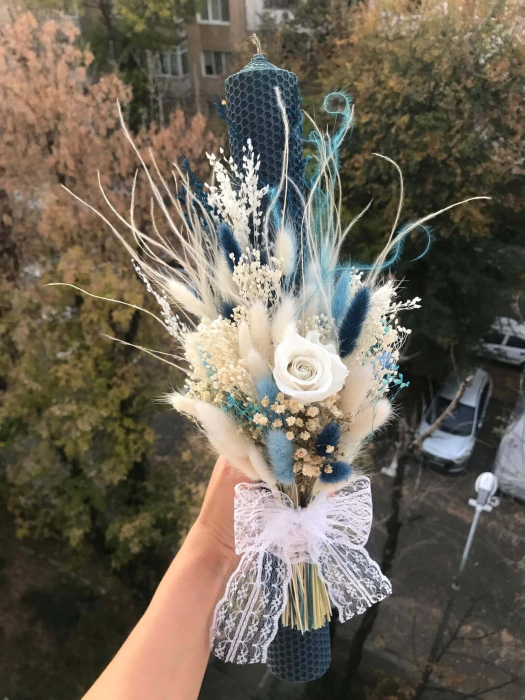 Pachet lumanari fagure pentru nunta, buchet flori mireasa si cocarda ginere [3]
