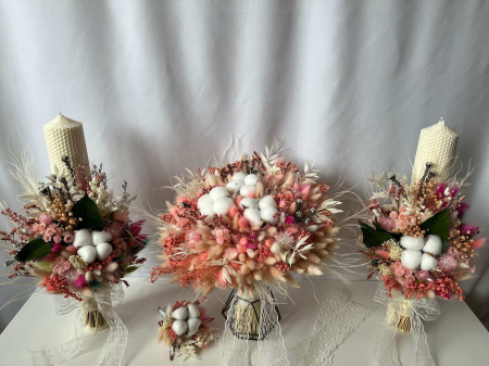 Lumanari Nunta/Botez din flori uscate naturale - Pachet lumanari nunta + Buchet mireasa