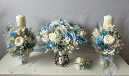 Lumanari Nunta/Botez din flori uscate naturale - Pachet lumanari fagure pentru nunta, buchet flori mireasa si cocarda ginere