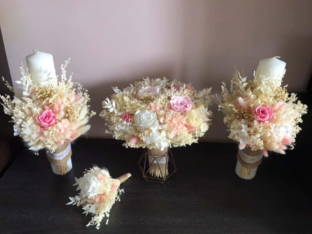Lumanari Nunta/Botez din flori uscate naturale - Pachet lumanari nunta + Buchet mireasa